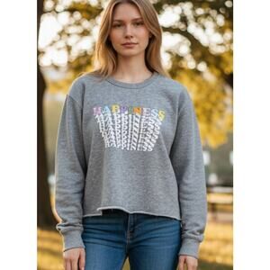 Jak & Rae Happiness Graphic Sweatshirt Gray Raw Hem Size L NWT